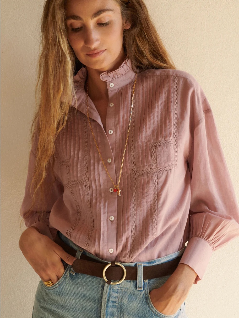 Sonmer Alexa Blouse Rose Pink Ruffle Lace Cotton Button Up Size Large NWT